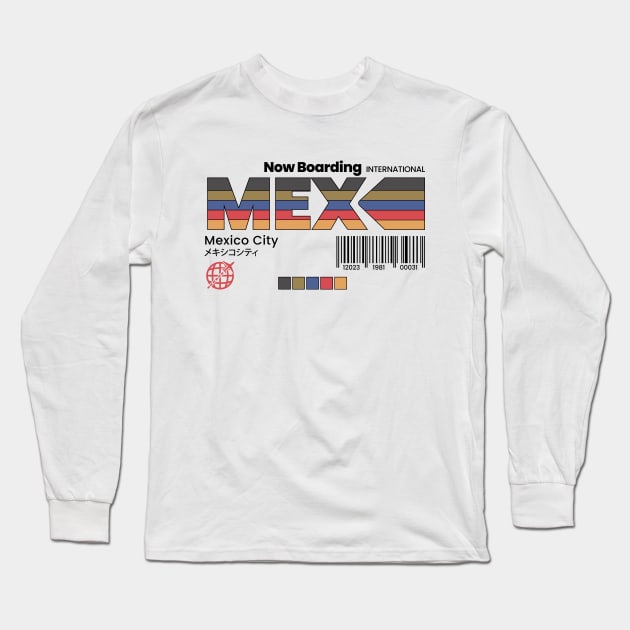 Vintage Mexico City MEX Airport Label Retro Travel Long Sleeve T-Shirt by Now Boarding